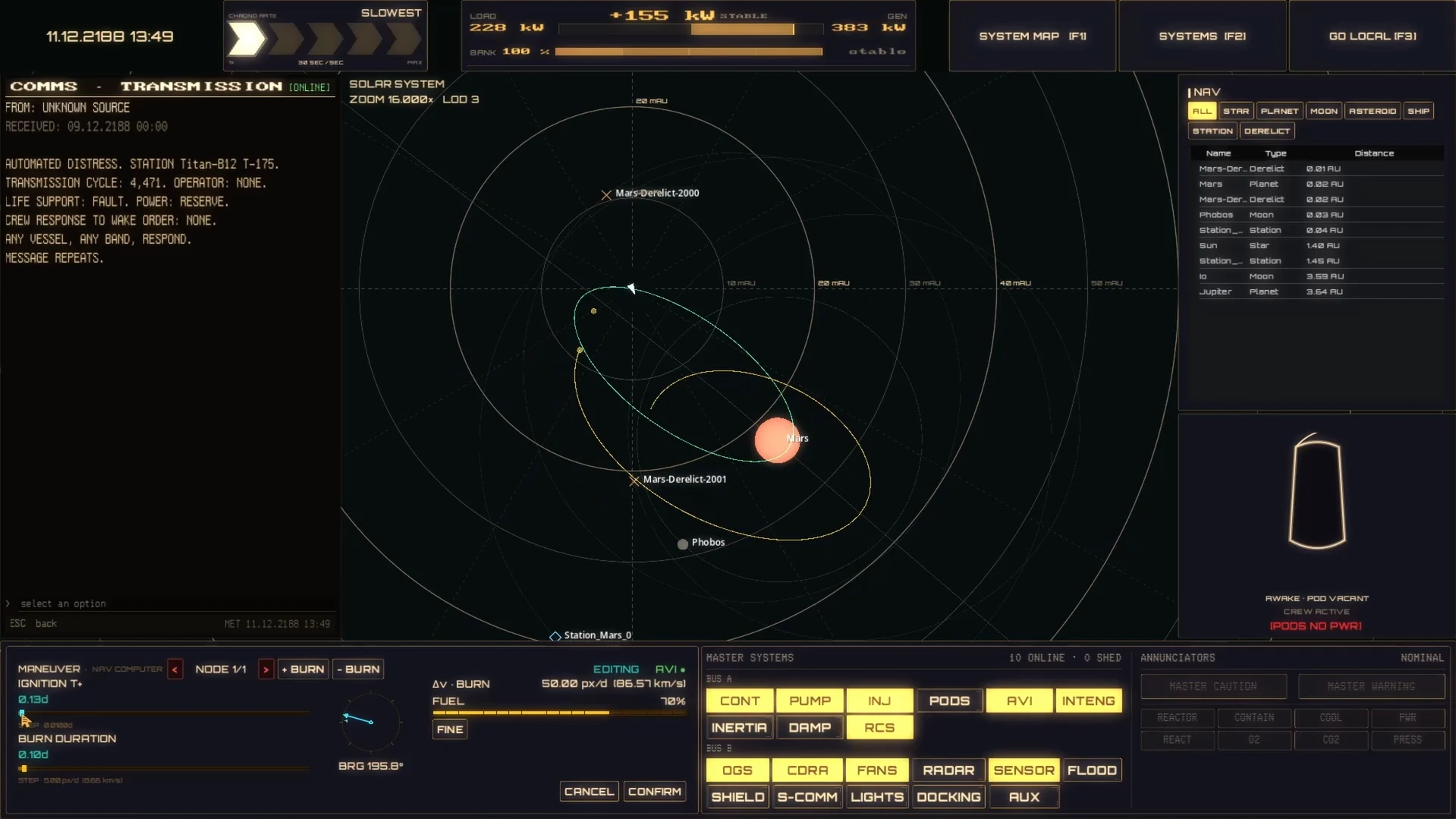 The 2D solar navigation map alongside the ship systems console